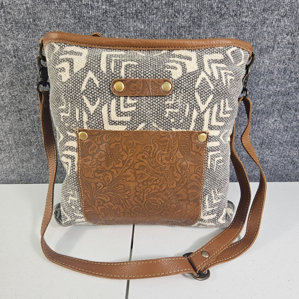 Myra Bag Factual S-1533 Tooled Leather Rug Canvas Crossbody Shoulder Bag Vguc